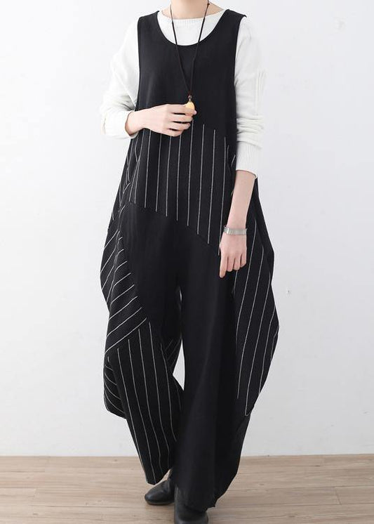 Spring Summer Cotton Hemp Women Oversized Asymmetric Striped Jumpsuit - SooLinen