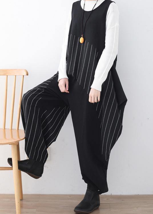 Spring Summer Cotton Hemp Women Oversized Asymmetric Striped Jumpsuit - SooLinen