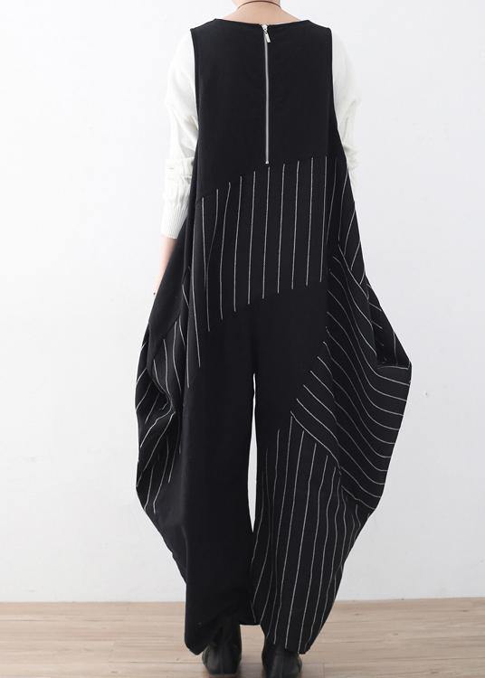 Spring Summer Cotton Hemp Women Oversized Asymmetric Striped Jumpsuit - SooLinen