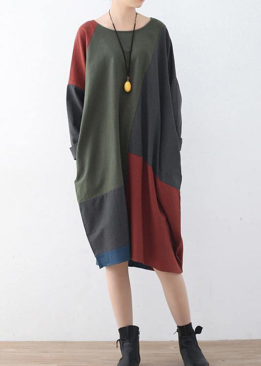 Spring National Style Retro Color Matching Cotton Dress - SooLinen