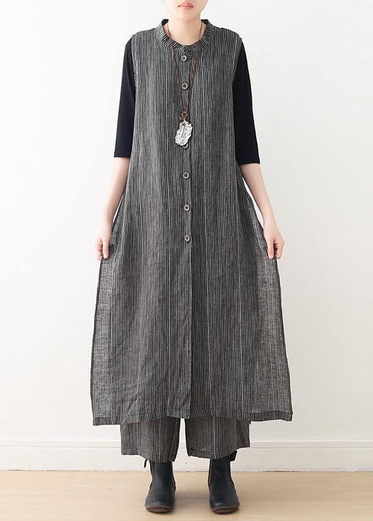 Spring cotton and linen art fresh gray striped two-piece suit cardigan wide leg pants - SooLinen