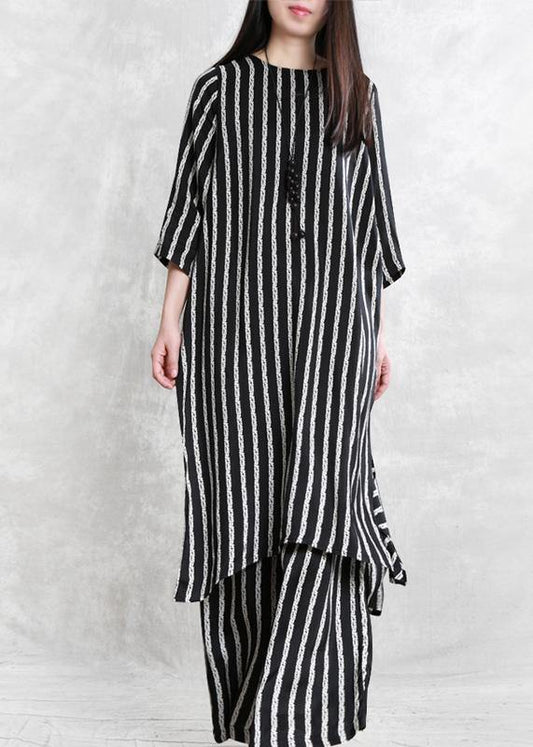 Spring loose multi-fit seven-point sleeve suit female long thin stripe shirt casual wide-leg pants - SooLinen