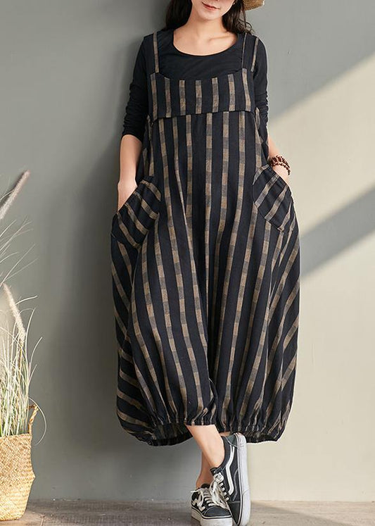 Spring plus size plus fertilizer to increase bloomers striped cotton and linen jumpsuit - SooLinen