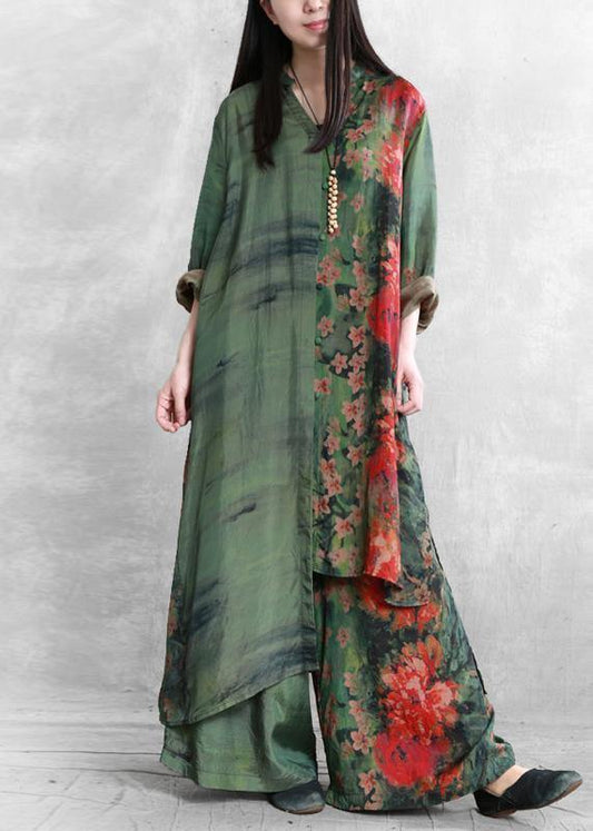 Spring silk suit loose loose irregular long shirt casual wide leg pants - SooLinen