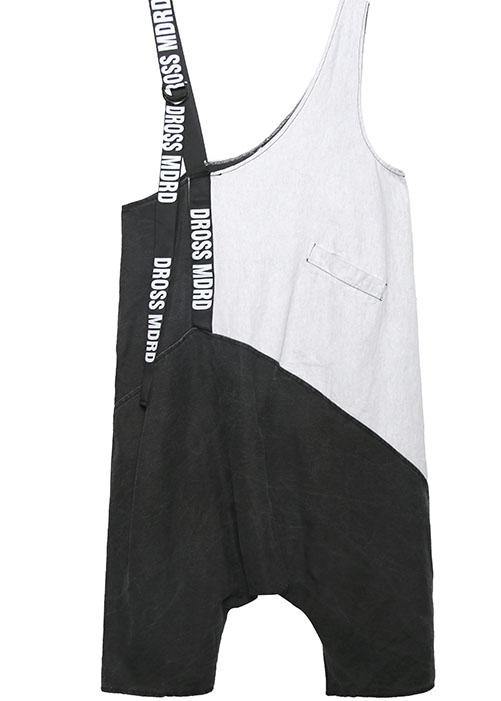 Strap retro black gray patchwork overalls casual pants jeans women - SooLinen