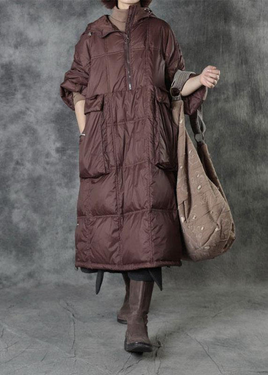 Street Chocolate Hooded Pockets Button Winter Zippered Duck Down Winter Coats Long Sleeve - SooLinen