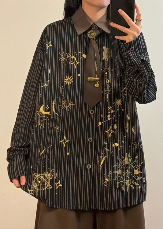 Striped Black Peter Pan Collar Print Button Cotton Blouse Spring