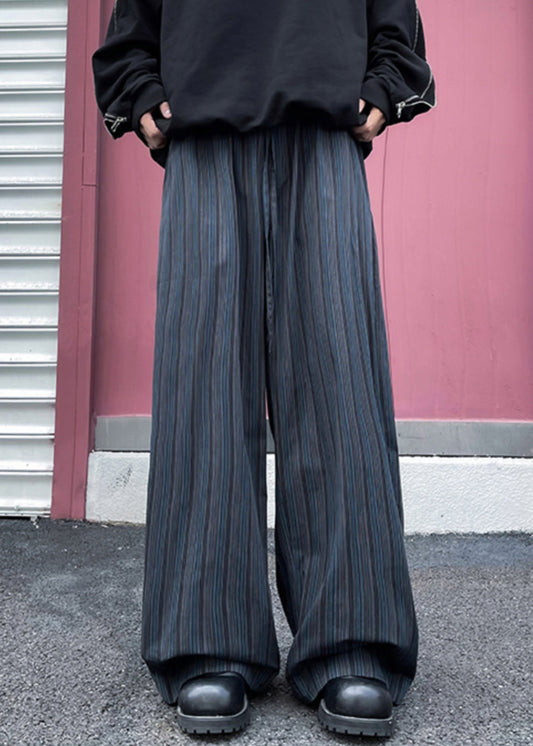 Striped Black Pockets Elastic Waist Cotton Mens Wide Leg Pants Fall