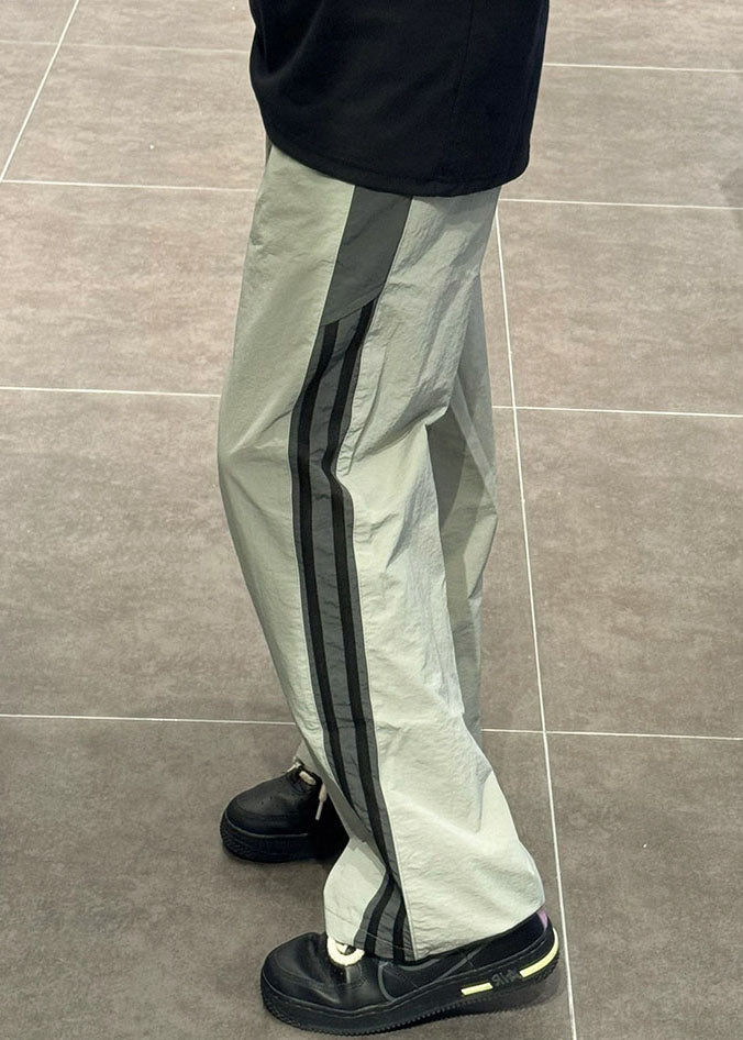 Striped Green Elastic Waist Patchwork Thin Cotton Mens Pants Summer