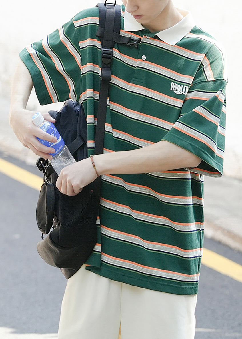 Striped Green Letter Button Cotton Men Polo Shirt Summer