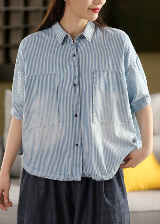 Striped Light Blue Peter Pan Collar Drawstring Cotton Shirt Summer