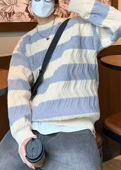 Striped Light Yellow O Neck Thick Patchwork Knitted Cotton Men Sweater Winter