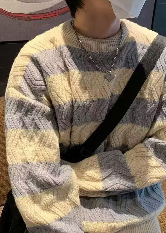 Striped Light Yellow O Neck Thick Patchwork Knitted Cotton Men Sweater Winter