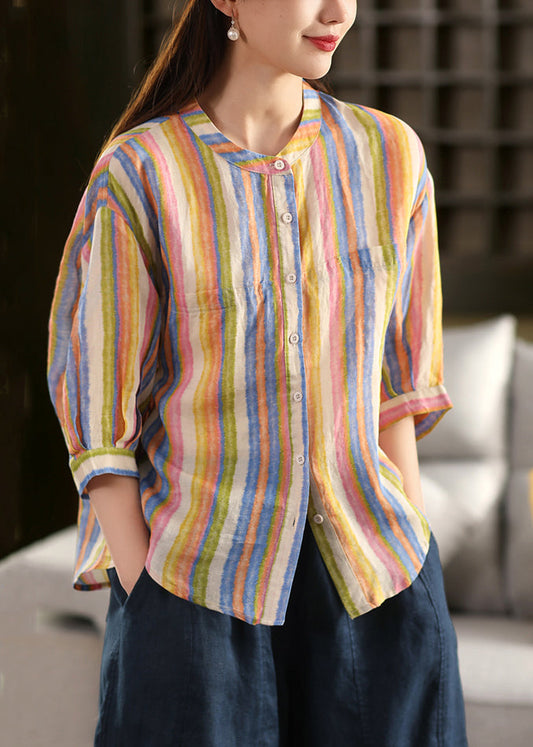 Striped Orange O-Neck Button Linen Blouse Fall