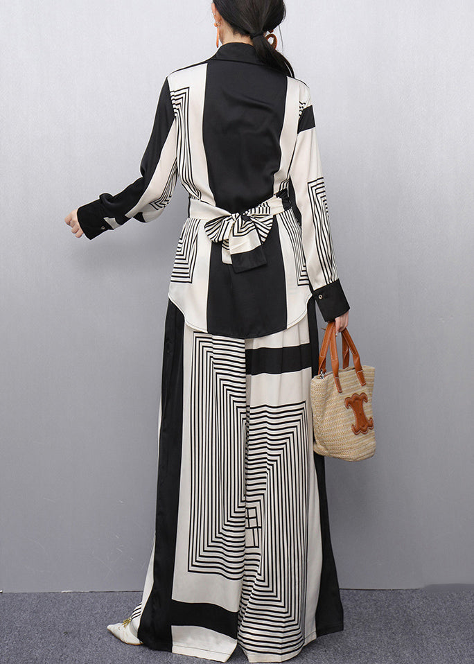 Striped Original Design Tie Waist Patchwork Two Piece Set Fall