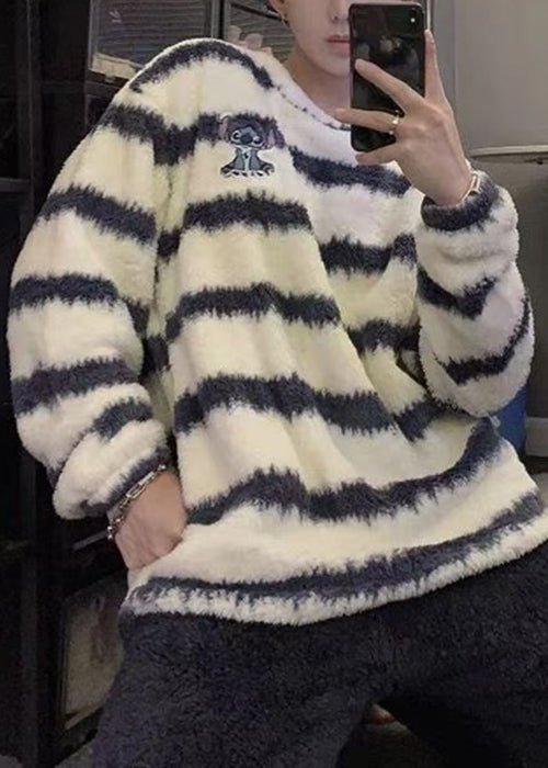 Striped Purple O Neck Cozy Fluffy Mens Sweaters Winter