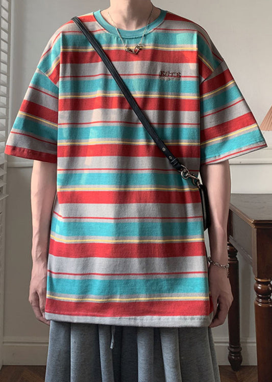 Striped Red O Neck Patchwork Cotton T Shirts Men Half Sleeve