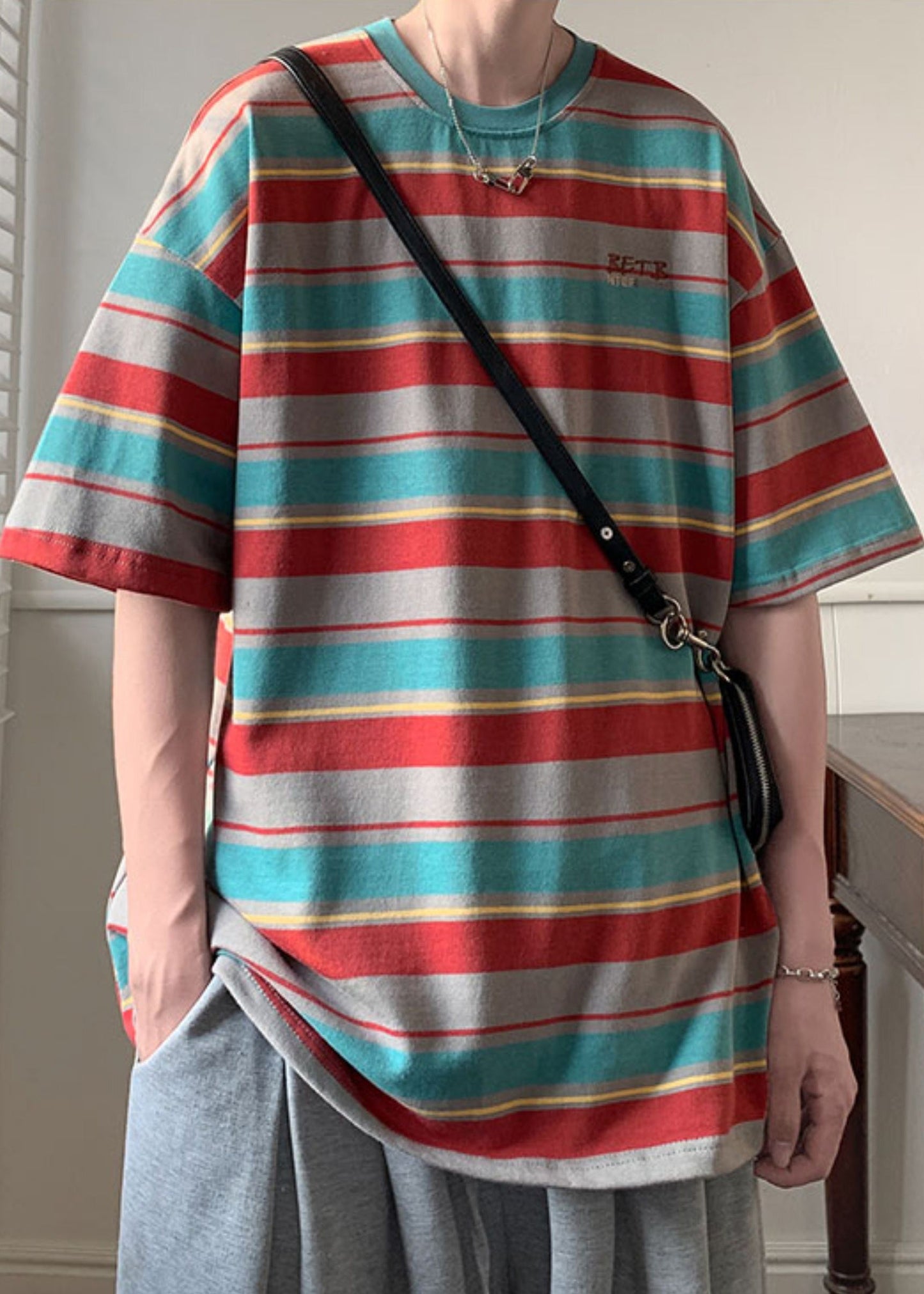 Striped Red O Neck Patchwork Cotton T Shirts Men Half Sleeve