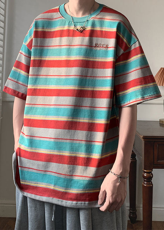 Striped Red O Neck Patchwork Cotton T Shirts Men Half Sleeve