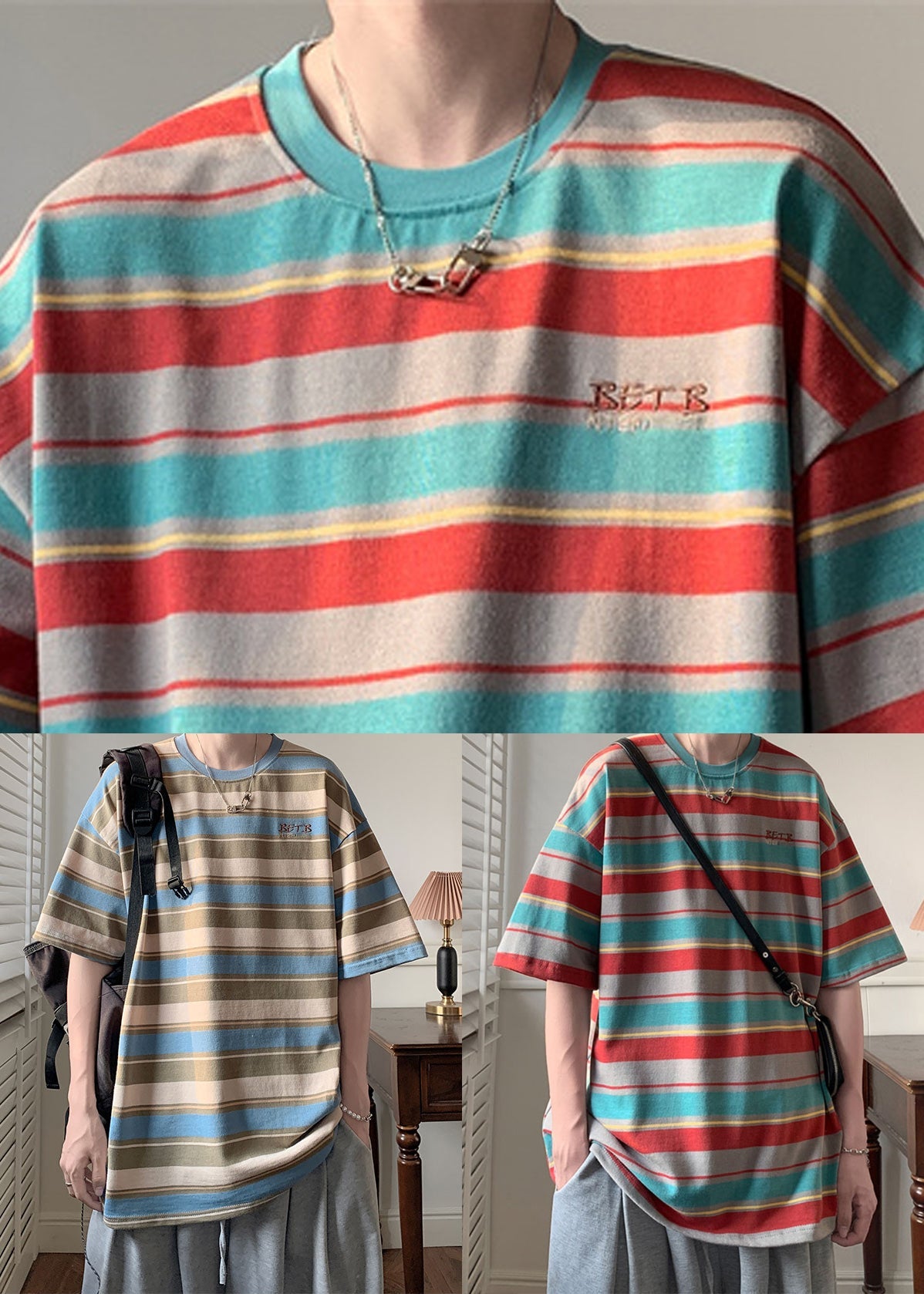 Striped Red O Neck Patchwork Cotton T Shirts Men Half Sleeve
