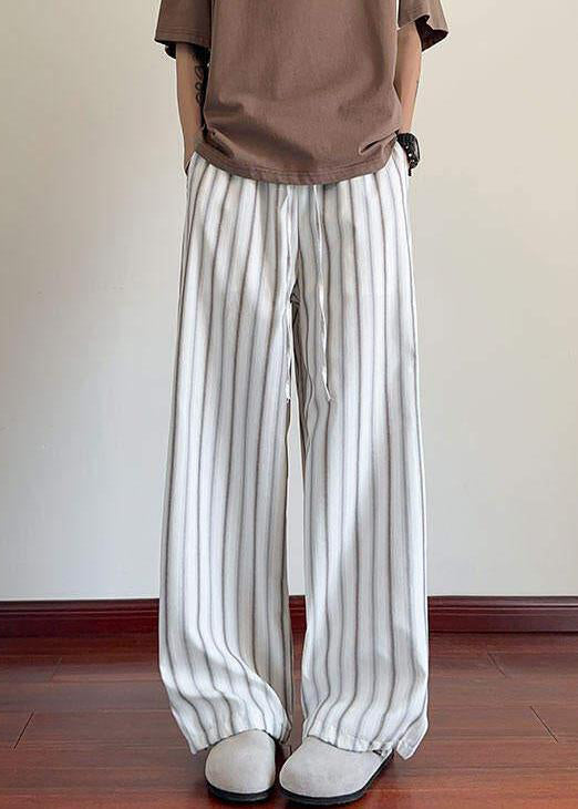 Striped White Pockets Elastic Waist Cotton Men Wide Leg Pants Summer