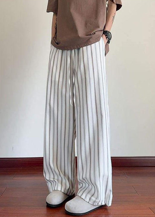 Striped White Pockets Elastic Waist Cotton Men Wide Leg Pants Summer