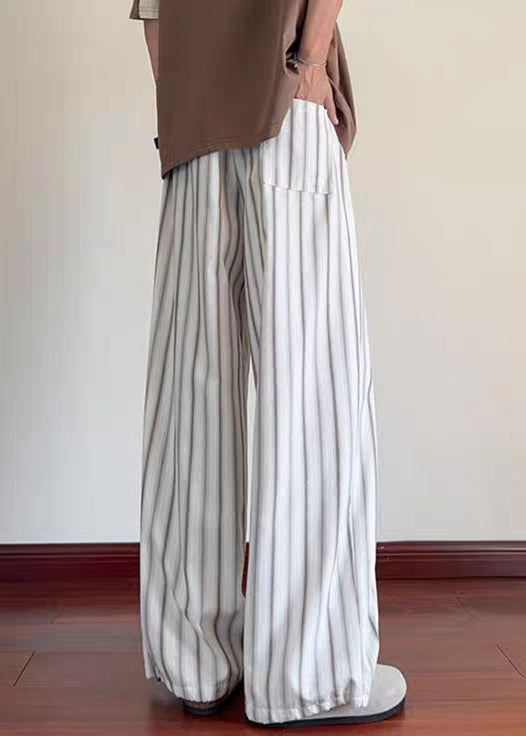 Striped White Pockets Elastic Waist Cotton Men Wide Leg Pants Summer