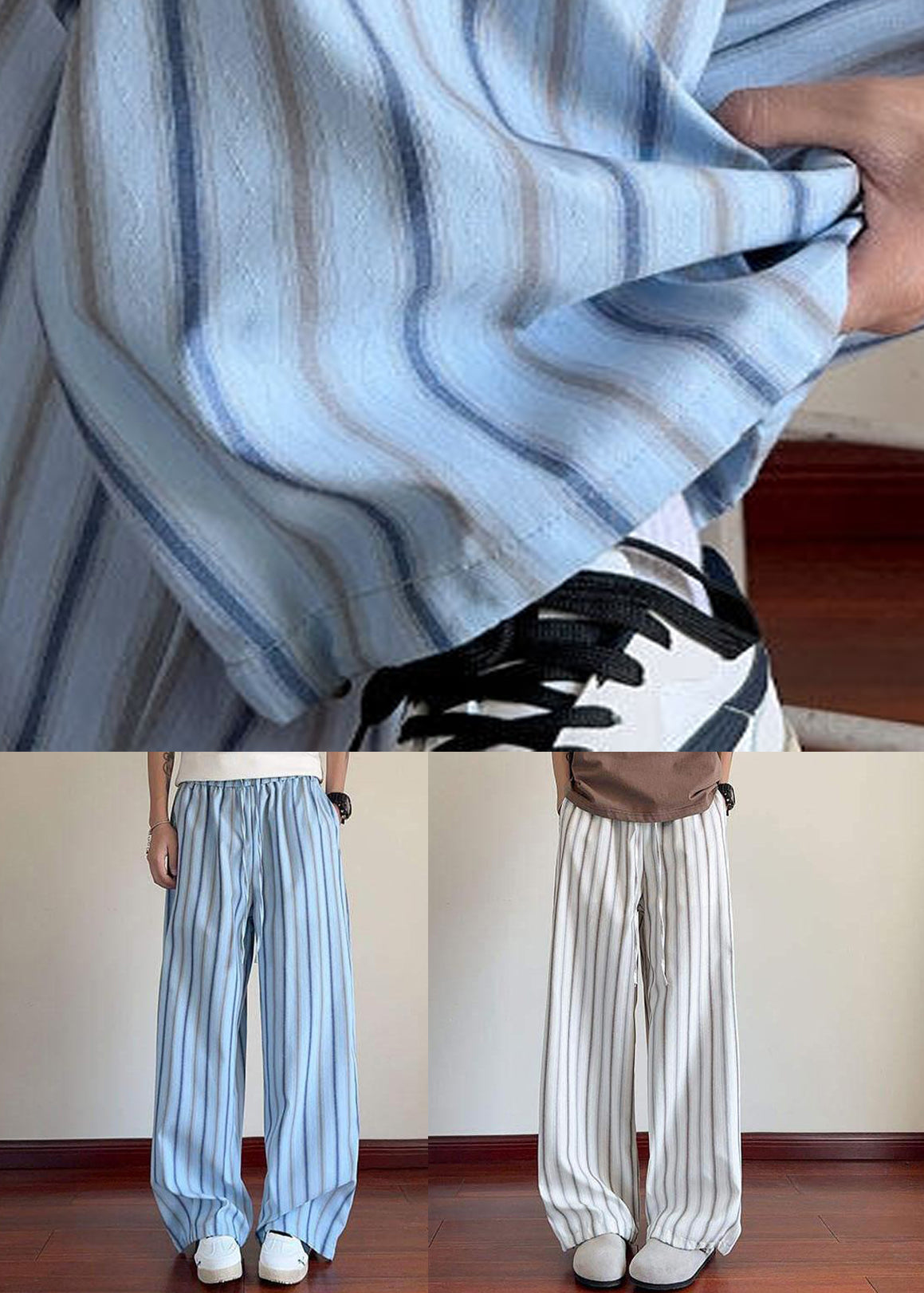 Striped White Pockets Elastic Waist Cotton Men Wide Leg Pants Summer