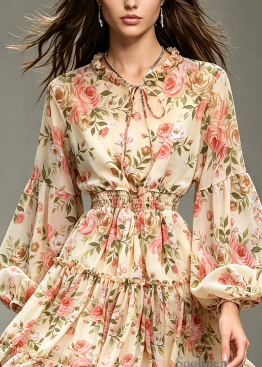 Style Apricot Ruffled Print Patchwork Chiffon Dresses Lantern Sleeve