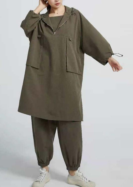 Style Arm Green Cotton Blouses For Women Side Open Short Hooded Long Blouse - SooLinen