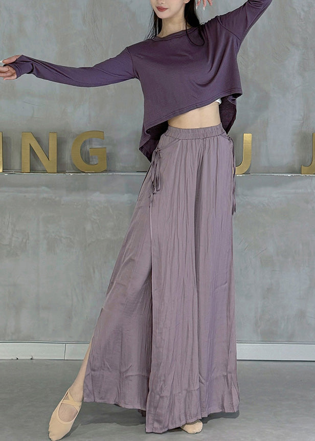 Beigefarbene Baumwollhose mit elastischem Bund, seitlichem Schlitz und weitem Bein, Frühlingsstil