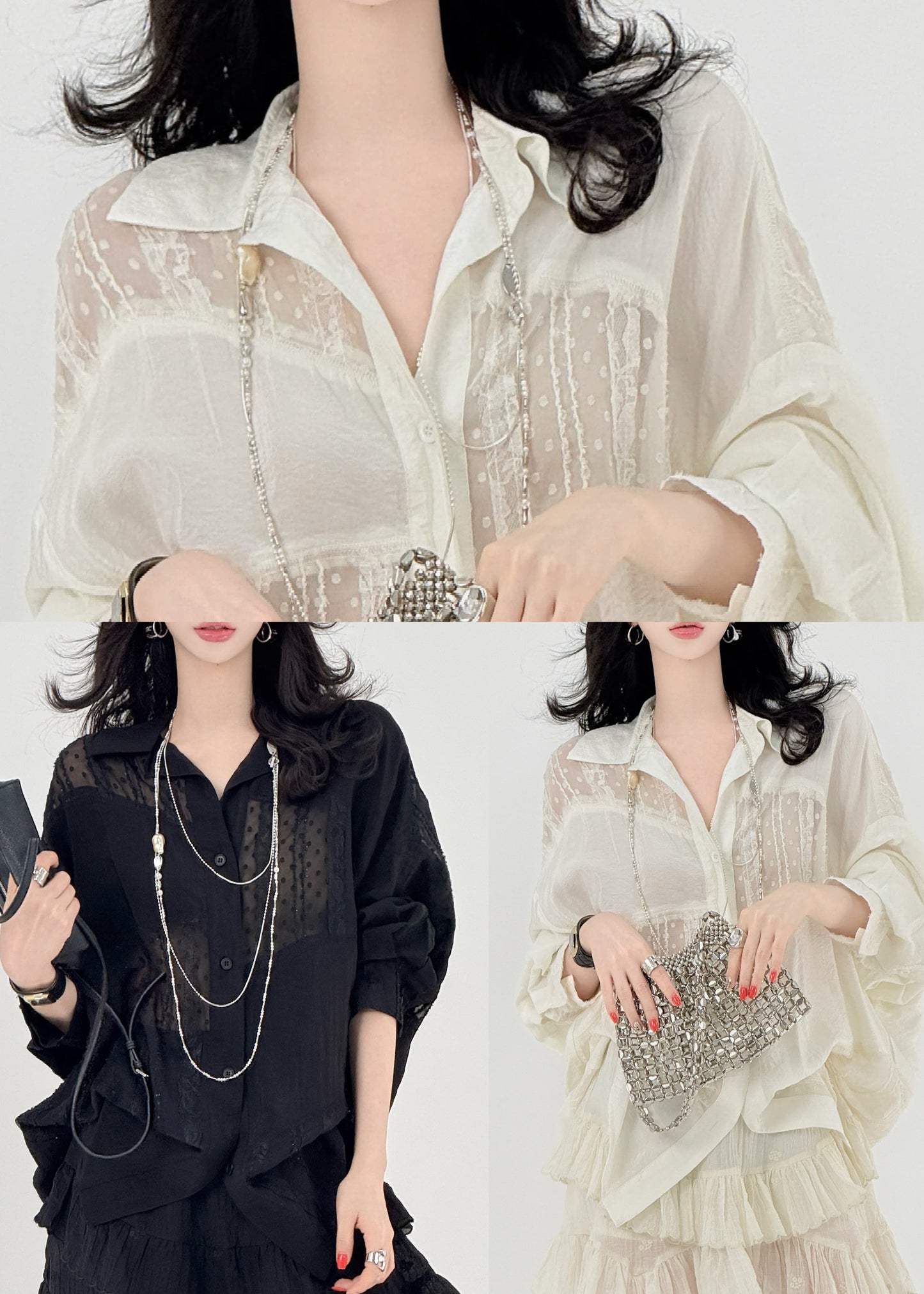 Beige Oversize-Patchwork-Tüllbluse, Frühlings-Style