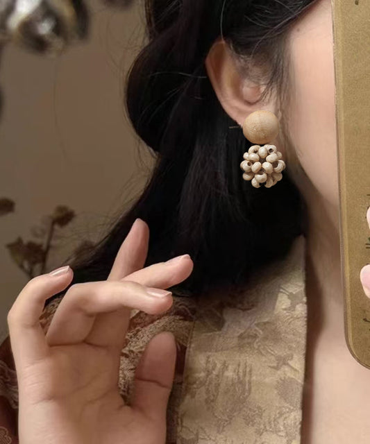 Style Beige Sterling Silver Wood Weaving Drop Earrings