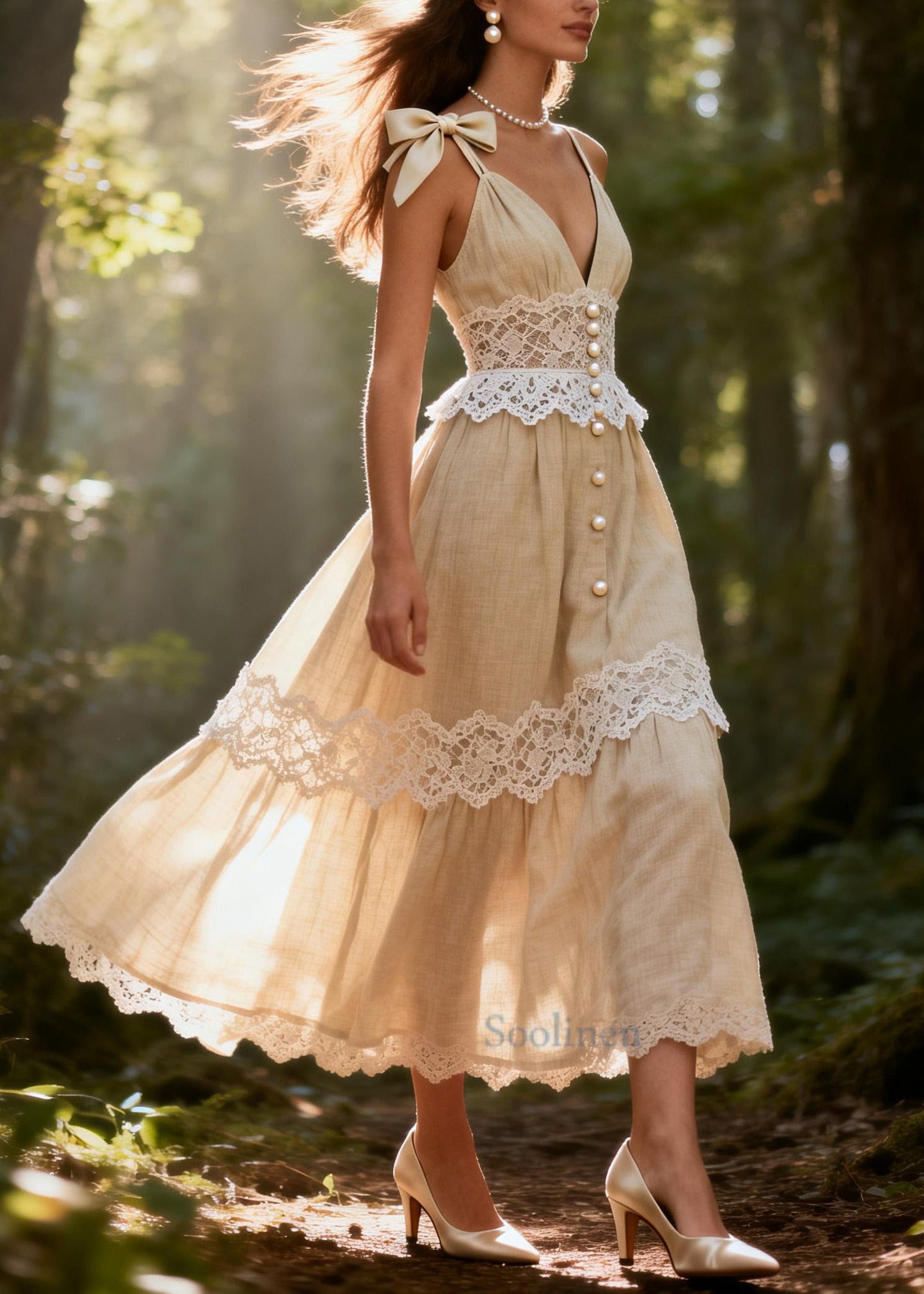 Style Beige V Neck Patchwork Fine Pearl Cotton Spaghetti Strap Dress Summer