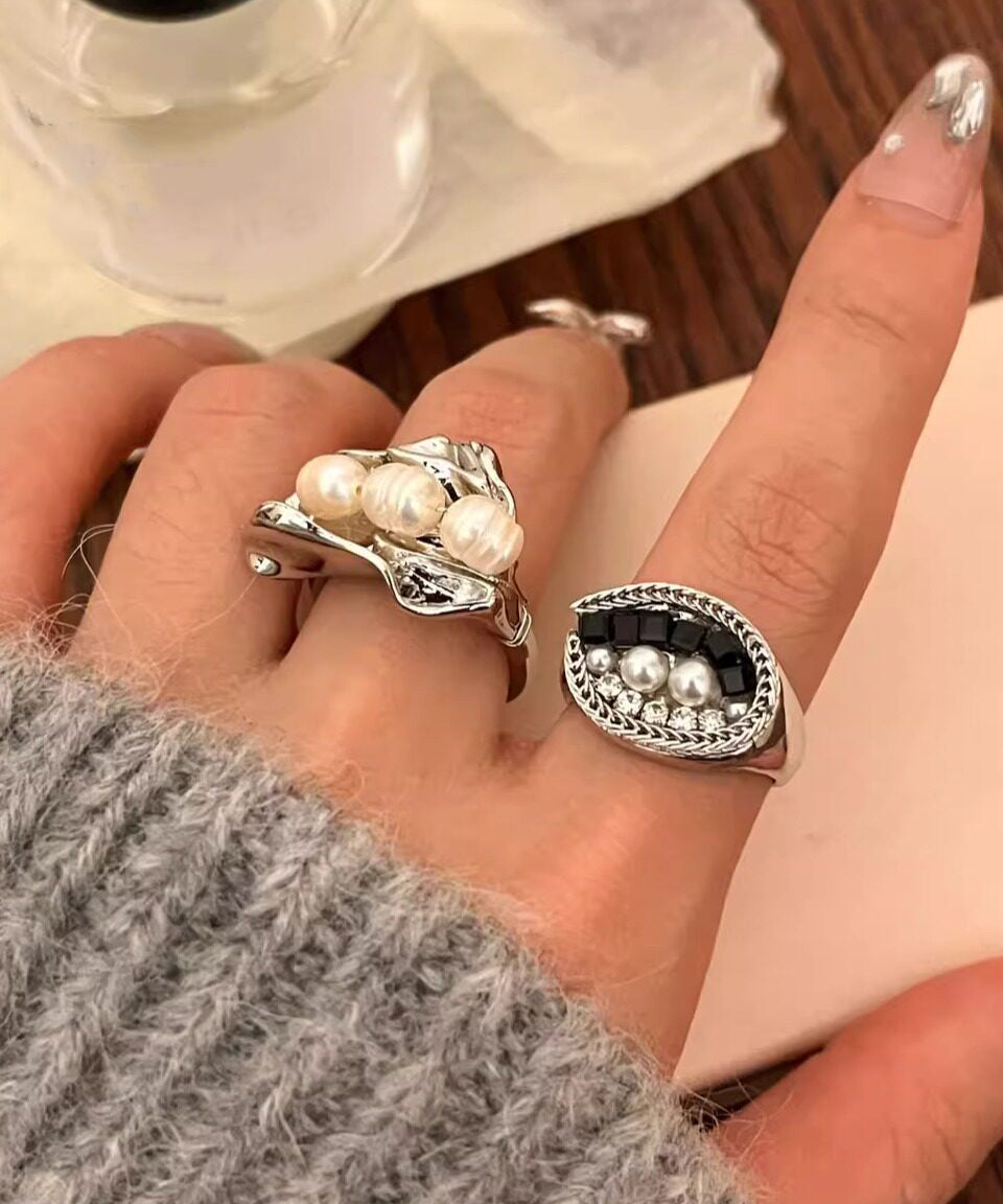Style Black Alloy Zircon Pearl Tiger's Eye Open Rings