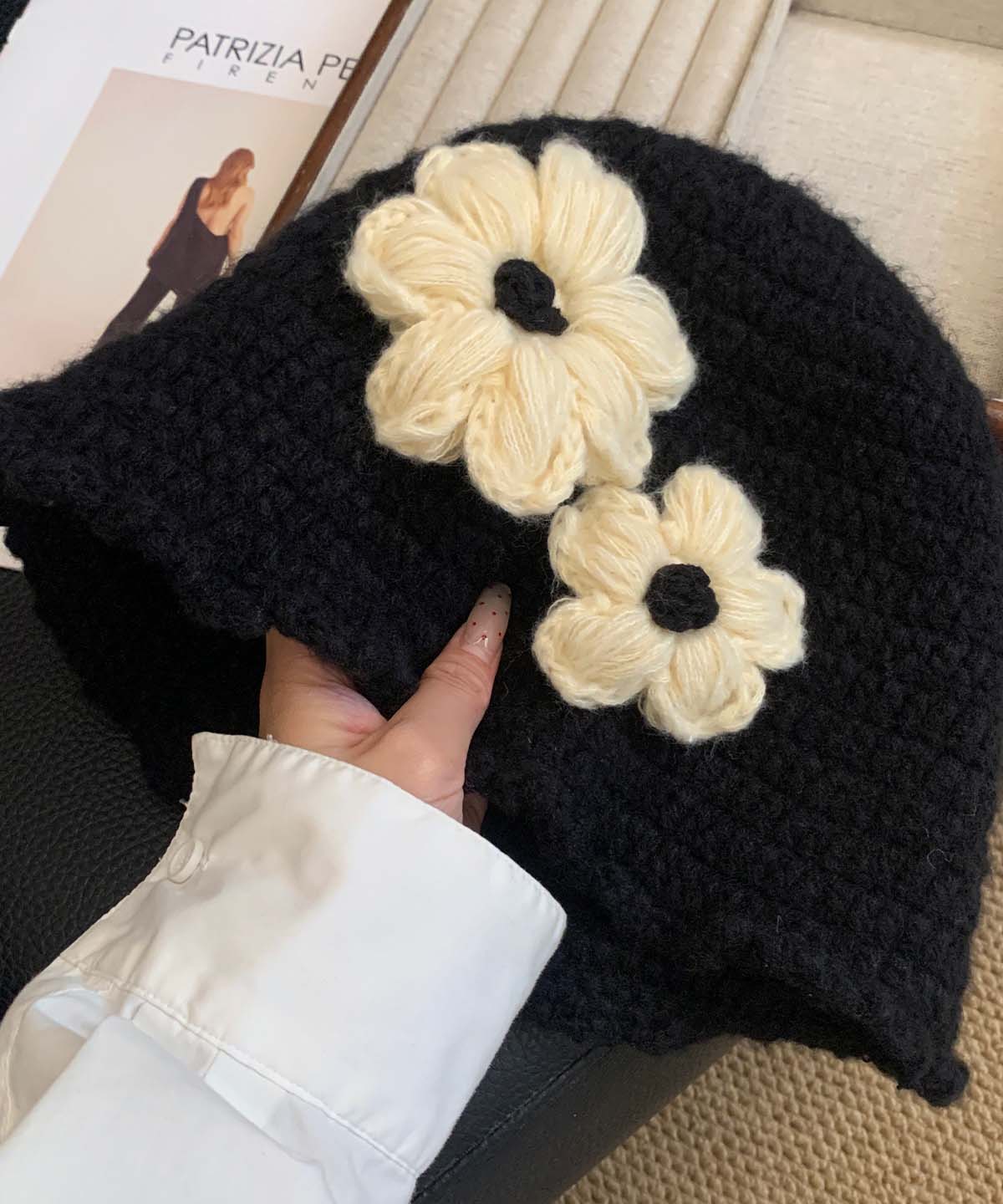 Style Black Cozy Warm Floral Knit Bucket Hat