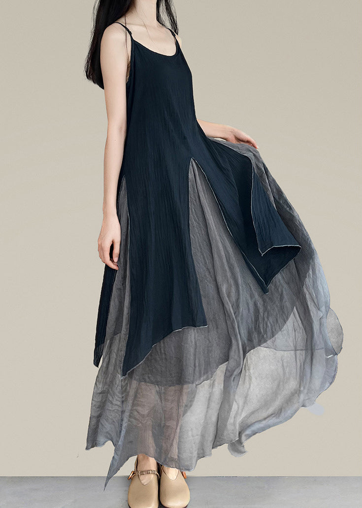 Stil Schwarz Grau Asymmetrische Patchwork Spaghetti Träger Kleid Ärmellos