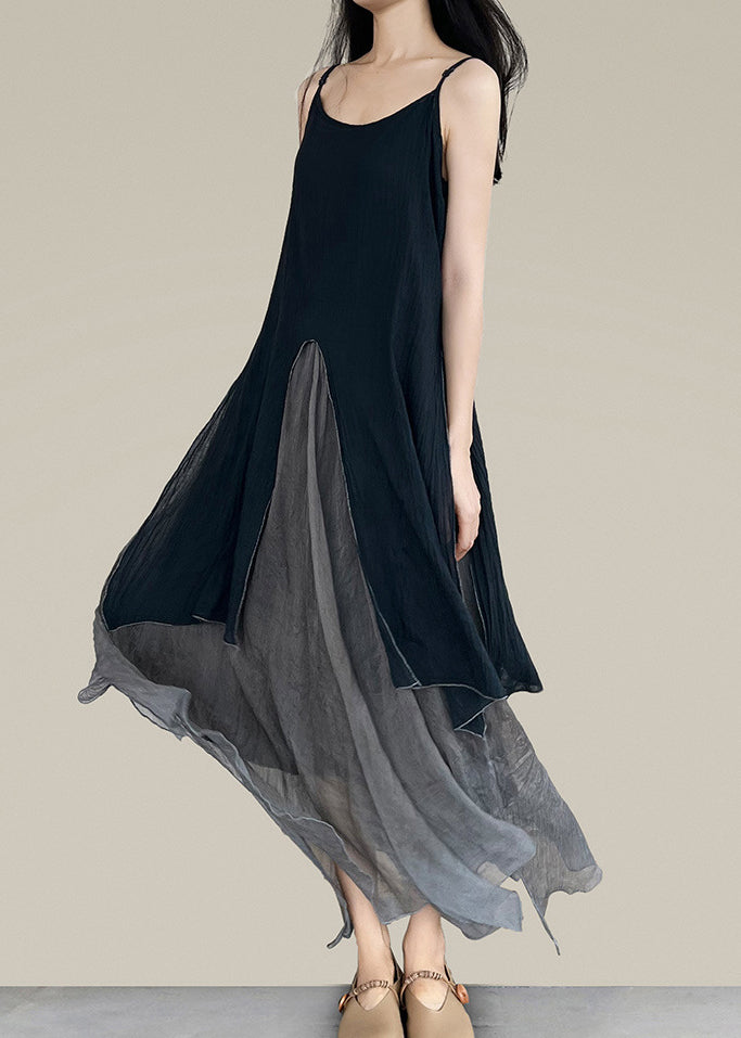 Stil Schwarz Grau Asymmetrische Patchwork Spaghetti Träger Kleid Ärmellos