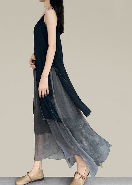 Stil Schwarz Grau Asymmetrische Patchwork Spaghetti Träger Kleid Ärmellos