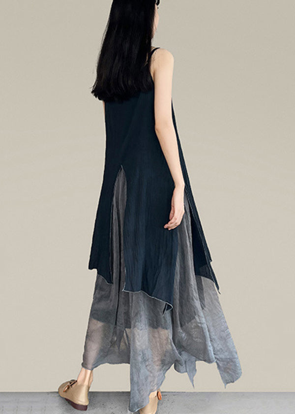 Stil Schwarz Grau Asymmetrische Patchwork Spaghetti Träger Kleid Ärmellos