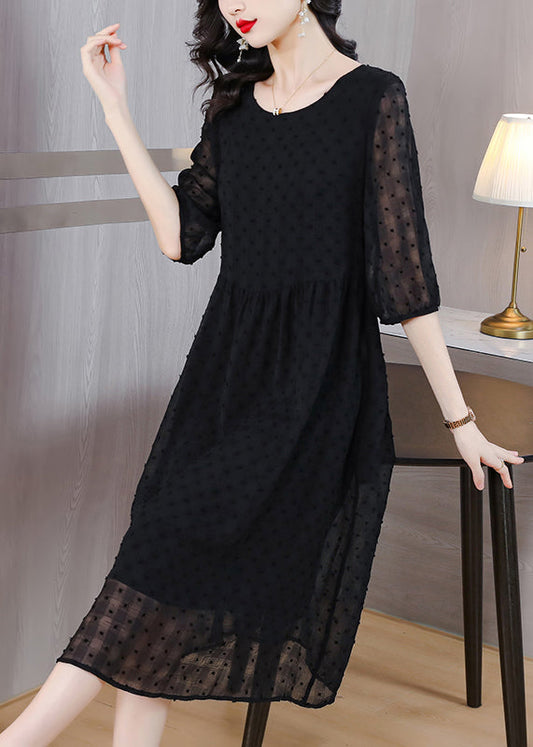 Stil Schwarz O Neck Jacquard Chiffon Lange Kleider Laterne Hülse