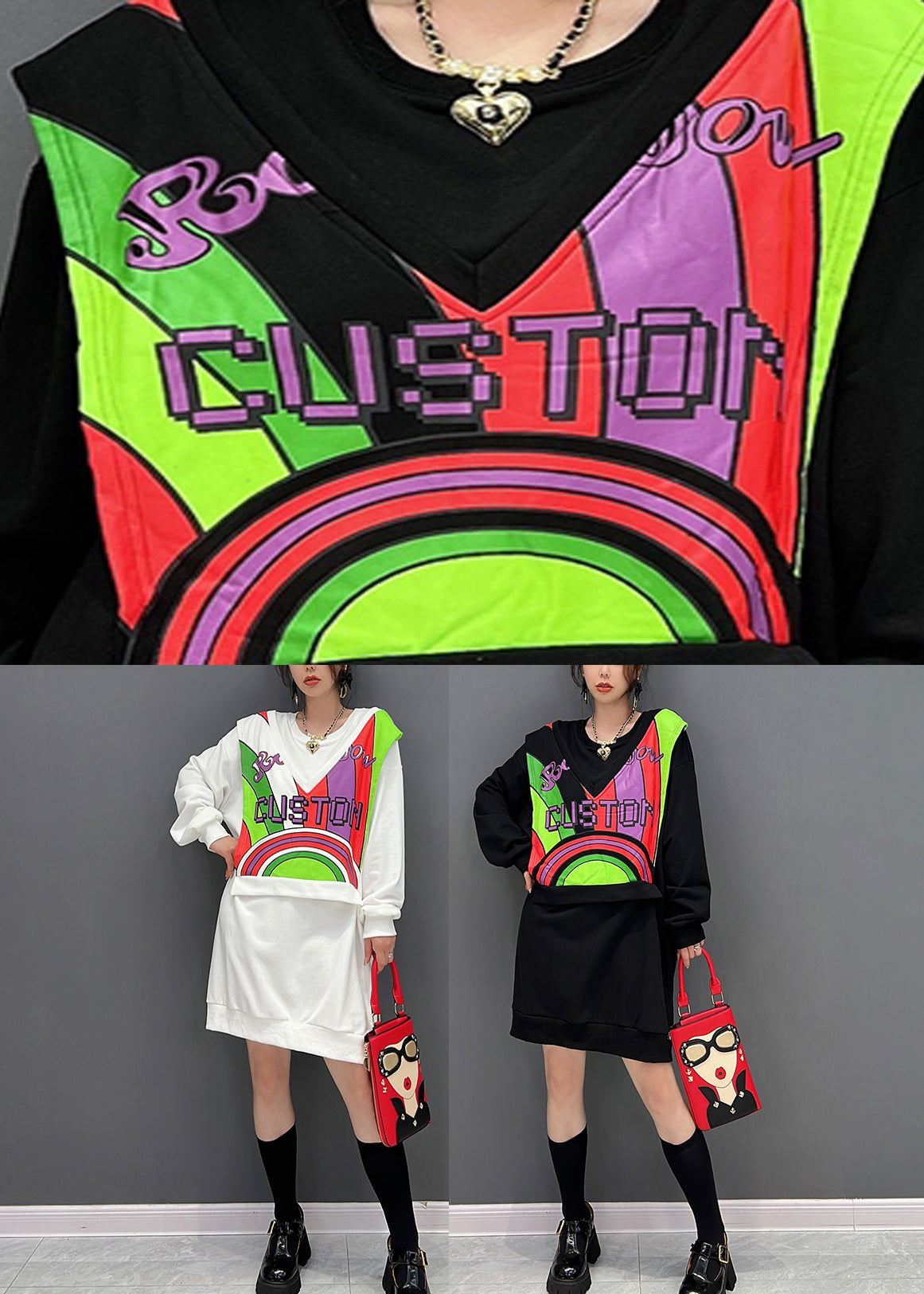 Stil Schwarz O-Ausschnitt Patchwork Gefälschte Zwei Stücke Baumwolle Mid Kleider Herbst