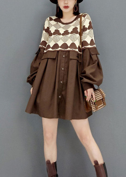 Stil Schwarz O-Ausschnitt Knopfdruck Patchwork Strickkleider Frühling