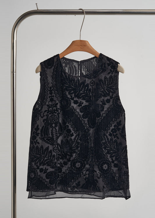 Style Black Oversized Jacquard Velvet Vests Sleeveless