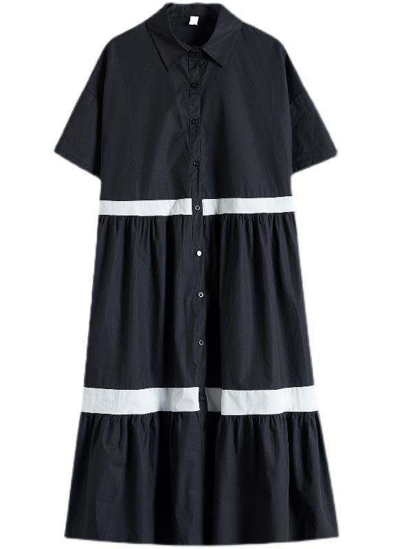 Style Black Patchwork Cotton Button Summer Vacation Dresses - SooLinen