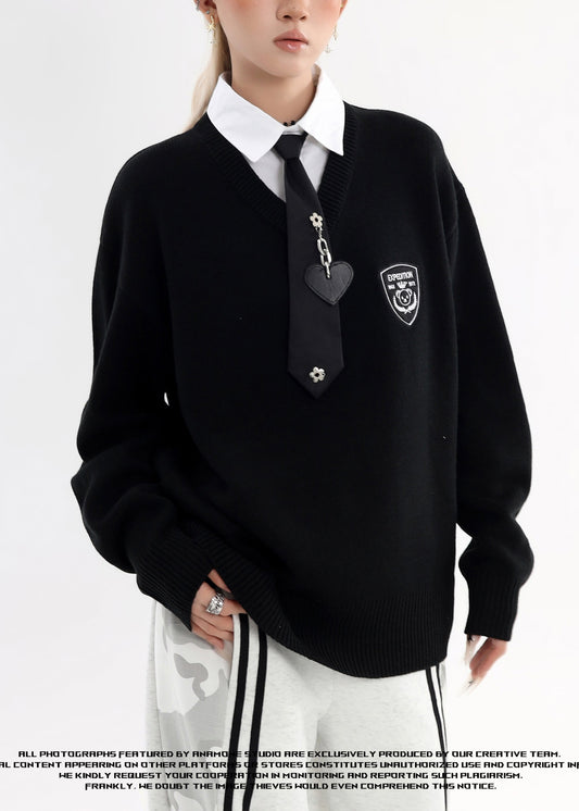 Schwarzes Patchwork-Strickhemd mit Peter-Pan-Kragen, Fake-Zweiteiler, Winter