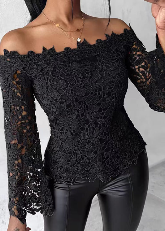 Style Black Slash Neck Hollow Out Lace Shirt Tops Flare Sleeve