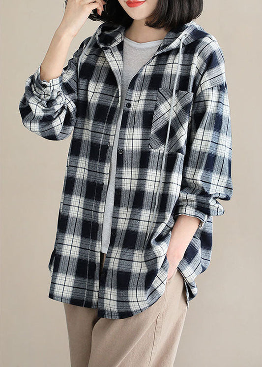 Stil Schwarz Weiß Plaid mit Kapuze Knopf Herbst Top Langarm