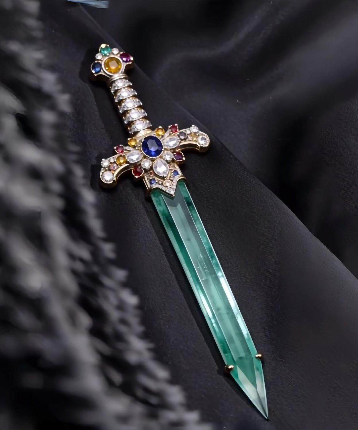 Style Blue Copper Inlaid Jade Sword Brooches