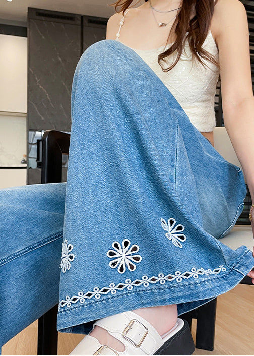 Style Blue Embroidered Hollow Out Denim Straight Pants Fall